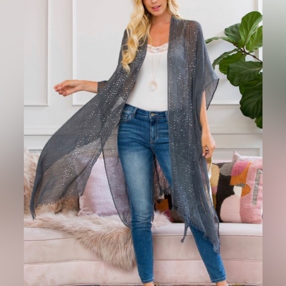 RIAH FASHION Sz O/S Sheer Gauze Sequin Embellished Poncho Kimono NEW - Picture 1 of 14